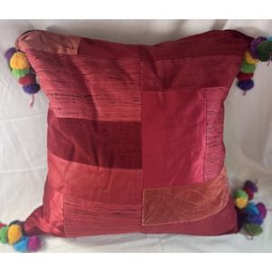 Red velvet, and silk patchwork 17X 17 pillow with cotton colorful pom-poms